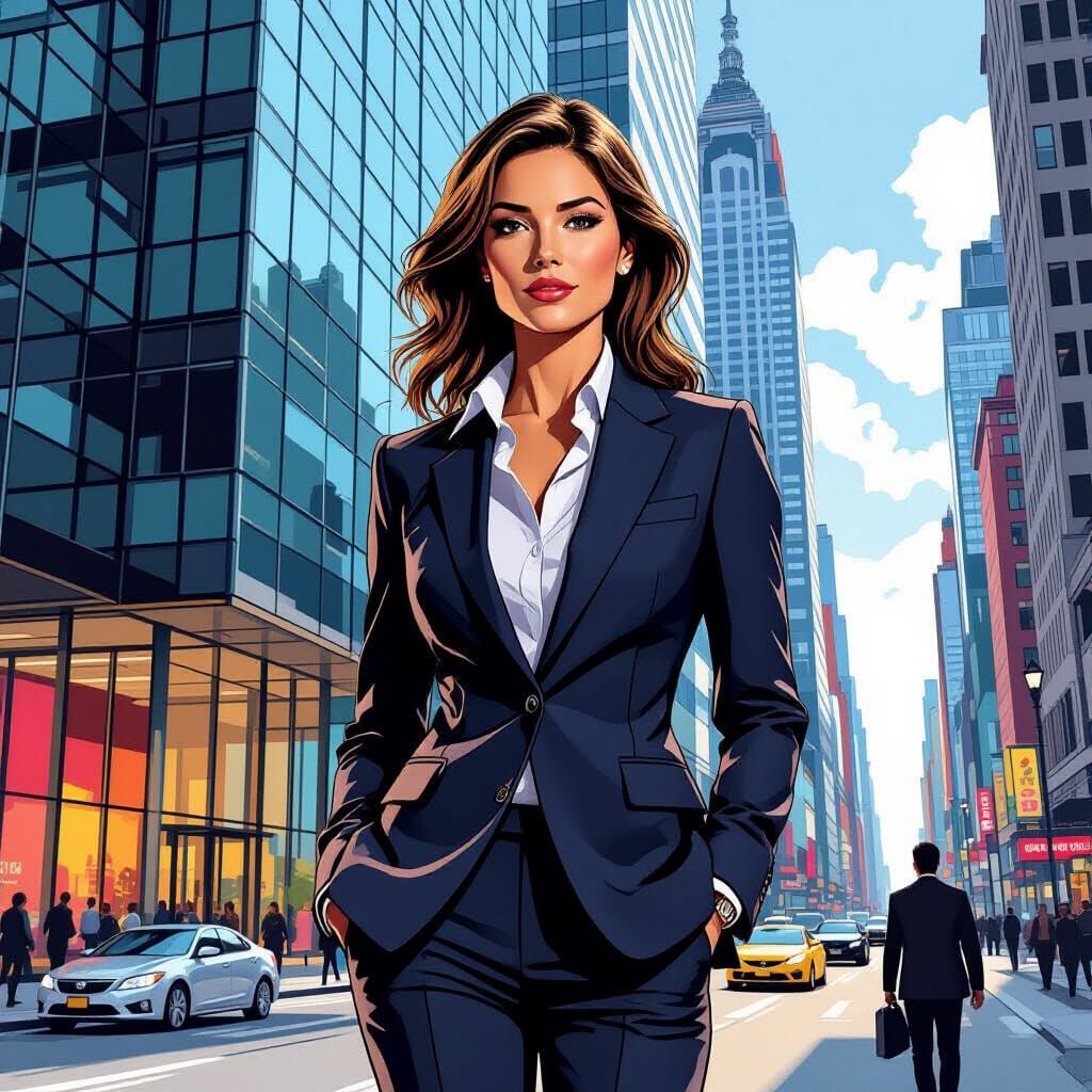 Confident Businesswoman in City, Comic Book Style