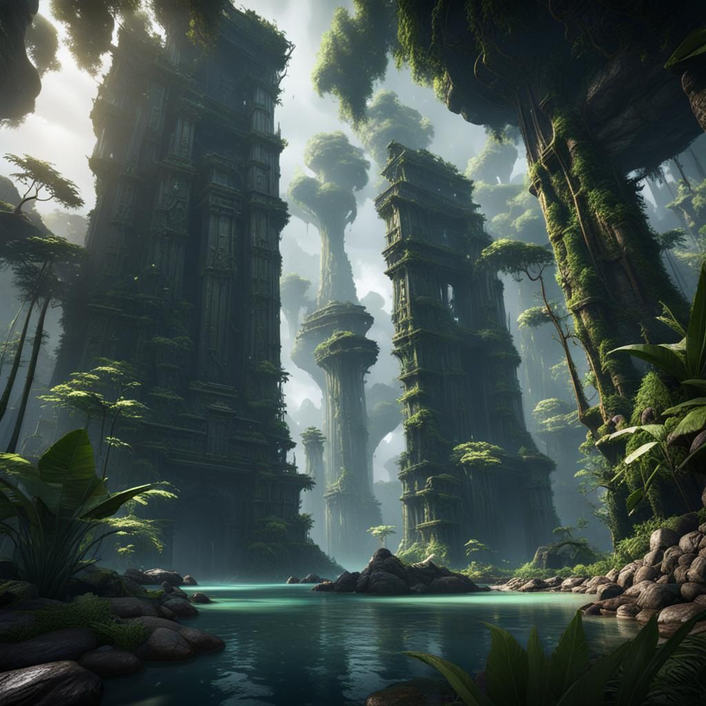 Jungle Monolith in 3D Cinematic Style