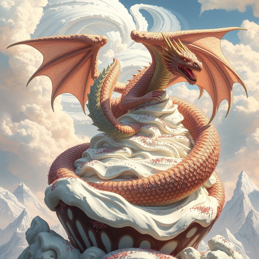 Celestial Dragon Guarding Ice Cream Sundae, Fantasy Art