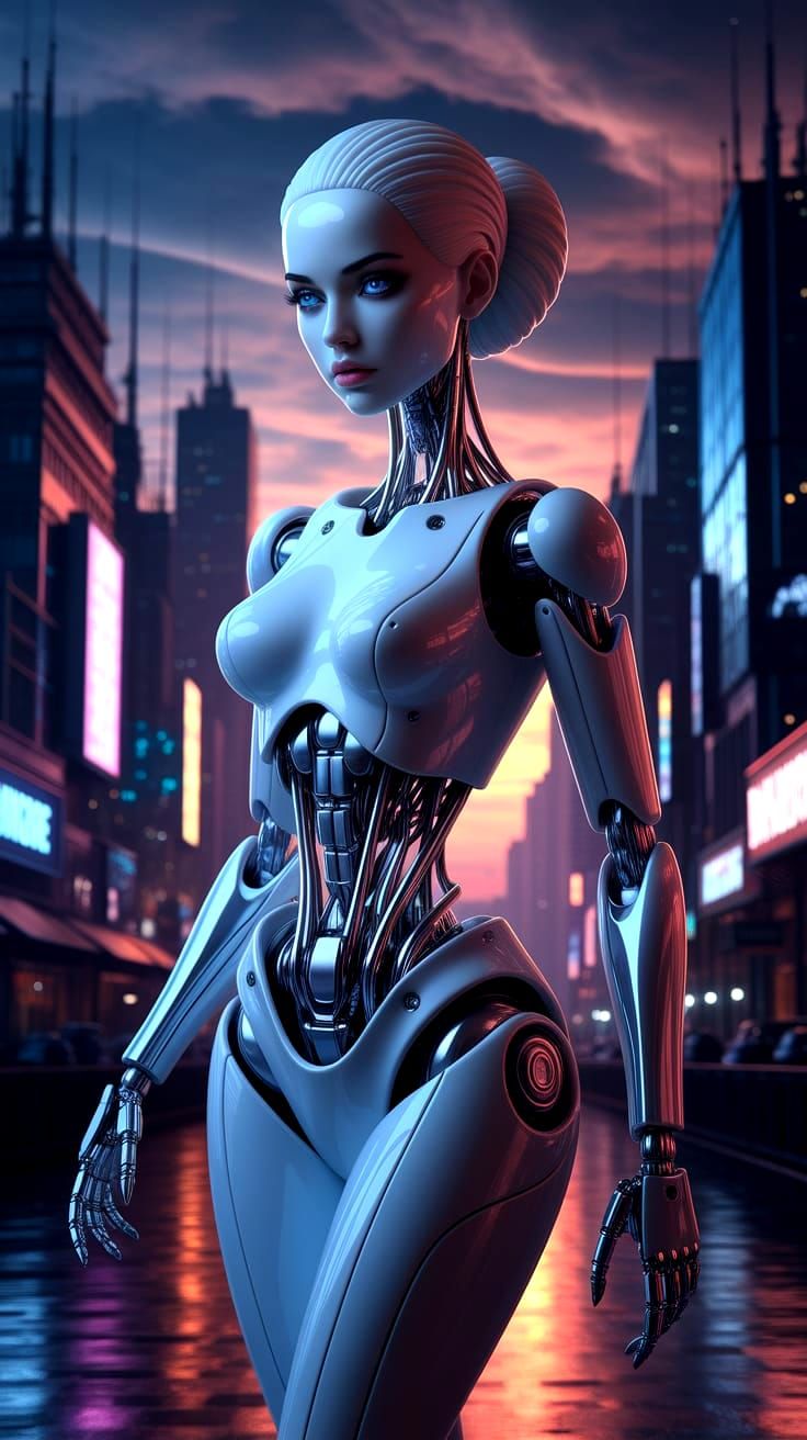 Porcelain Cyborg in Dystopian Cityscape at Dusk