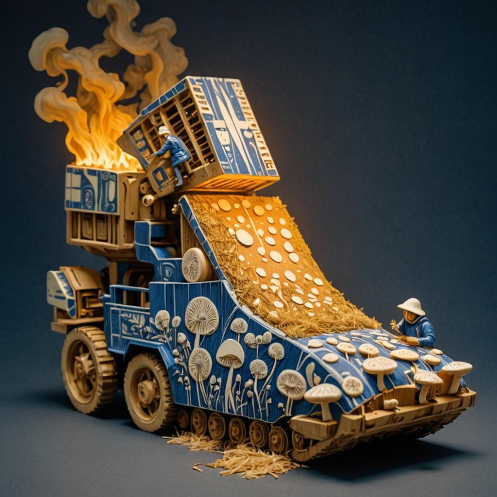 Blue and White Linocut: Mushroom Harvesters