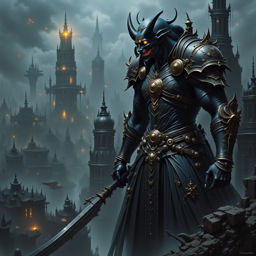 Steampunk Demon Lord Overlooks Industrial City