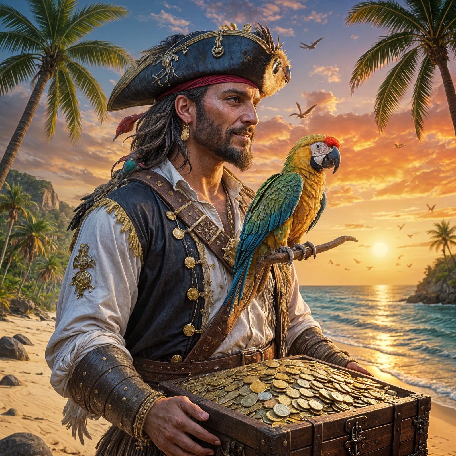 Pirate's Treasure: Gold Coins on a Tropical Beach