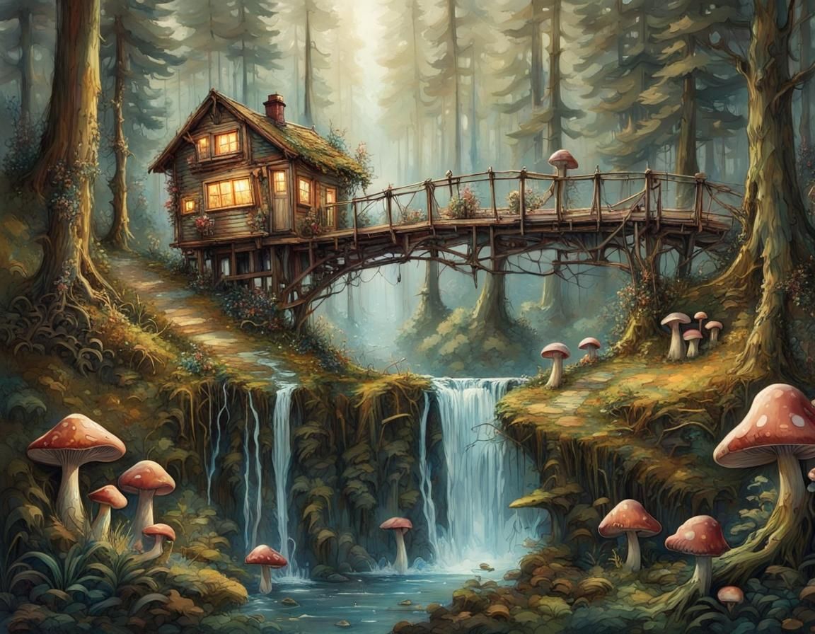 Mushroom Tinyhouse in Iridescent Forest Landscape