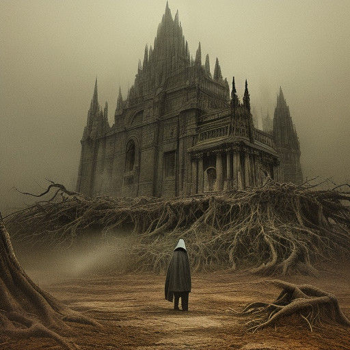 Ethereal Figure on Ancient Temple Ruins in Moody Light