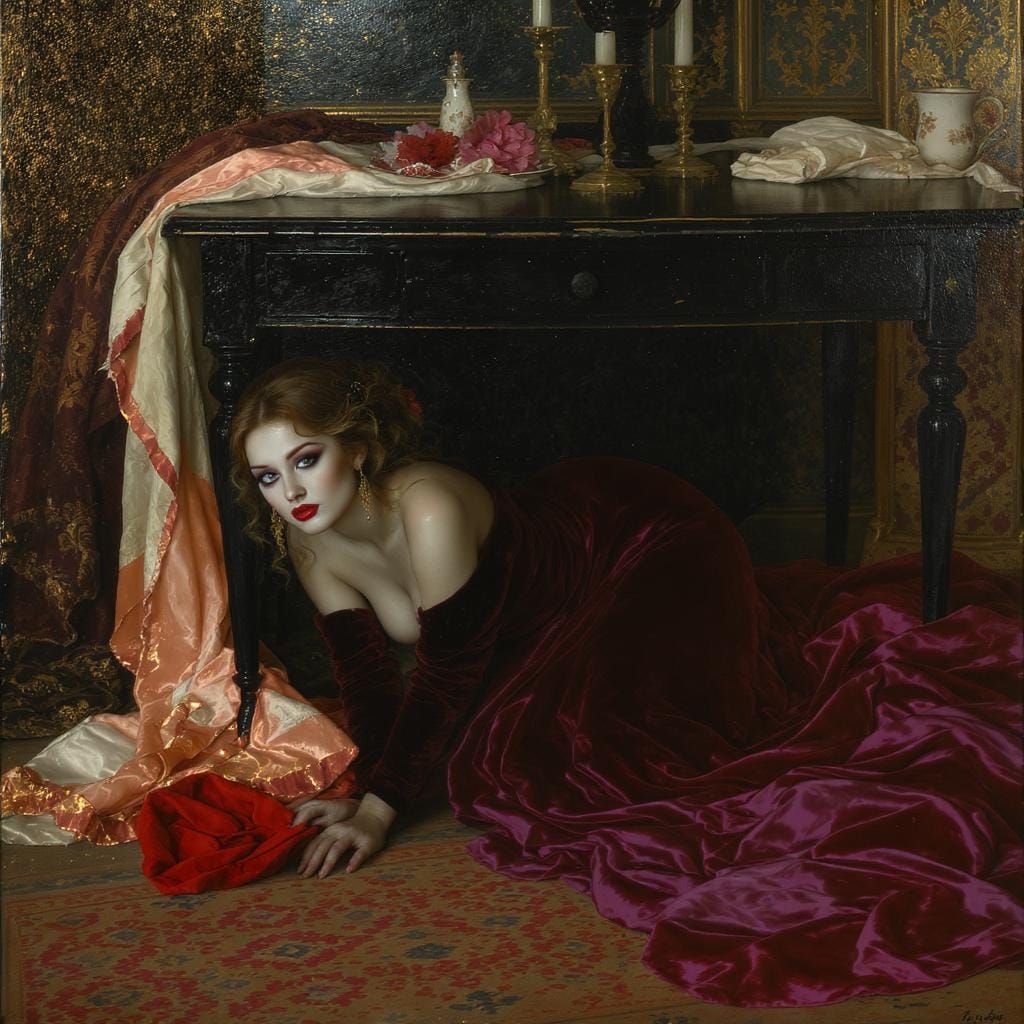 Woman Crawling Under Table in Art Nouveau Style