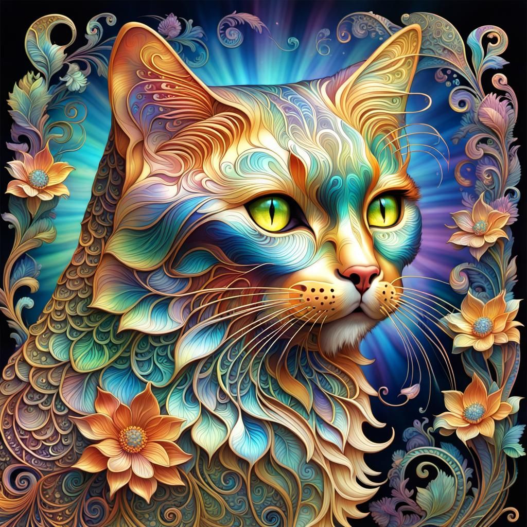 Iridescent Hologram Cat with Floral Motifs