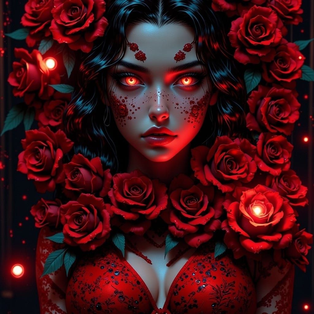 Enigmatic Woman in Red Roses Portrait