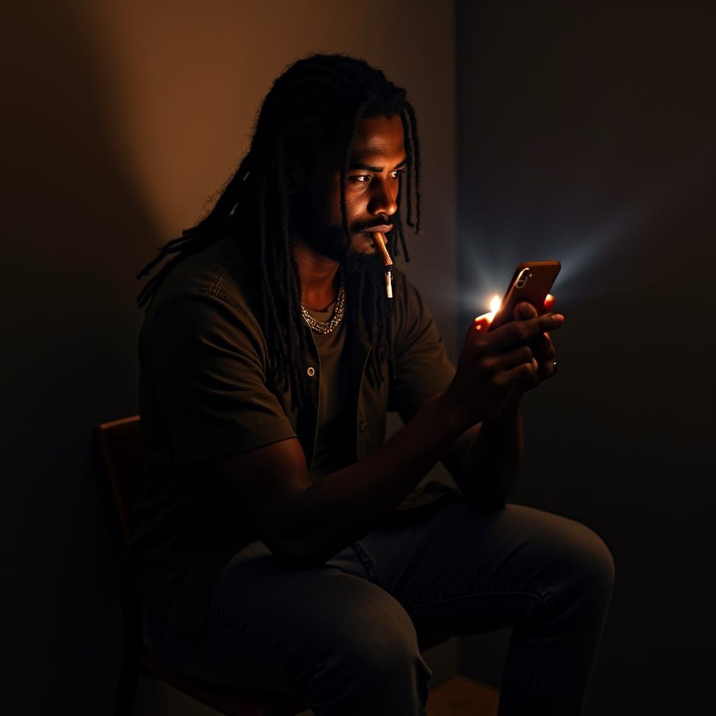 Man in Dark Room with Cigar, Basquiat Style