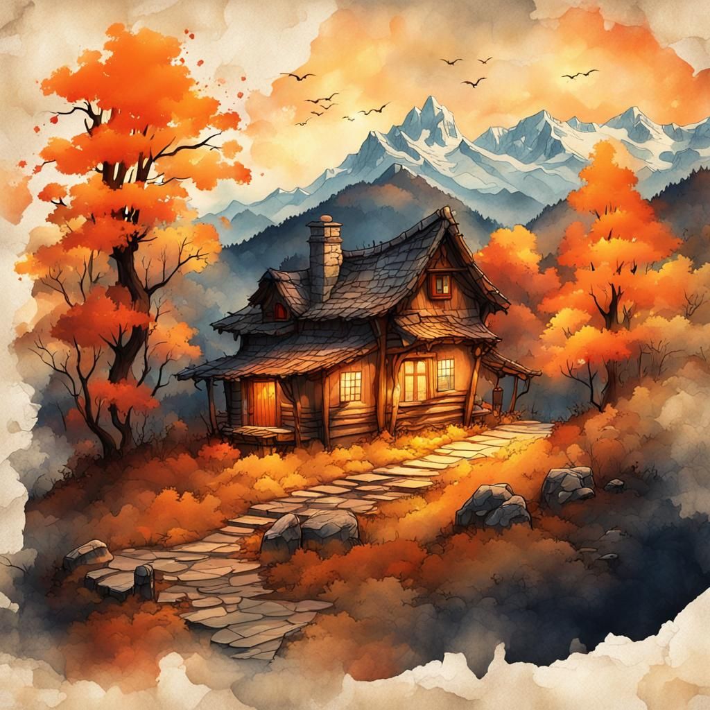 Mountain Cottage in Autumn, Modern Ink Painting