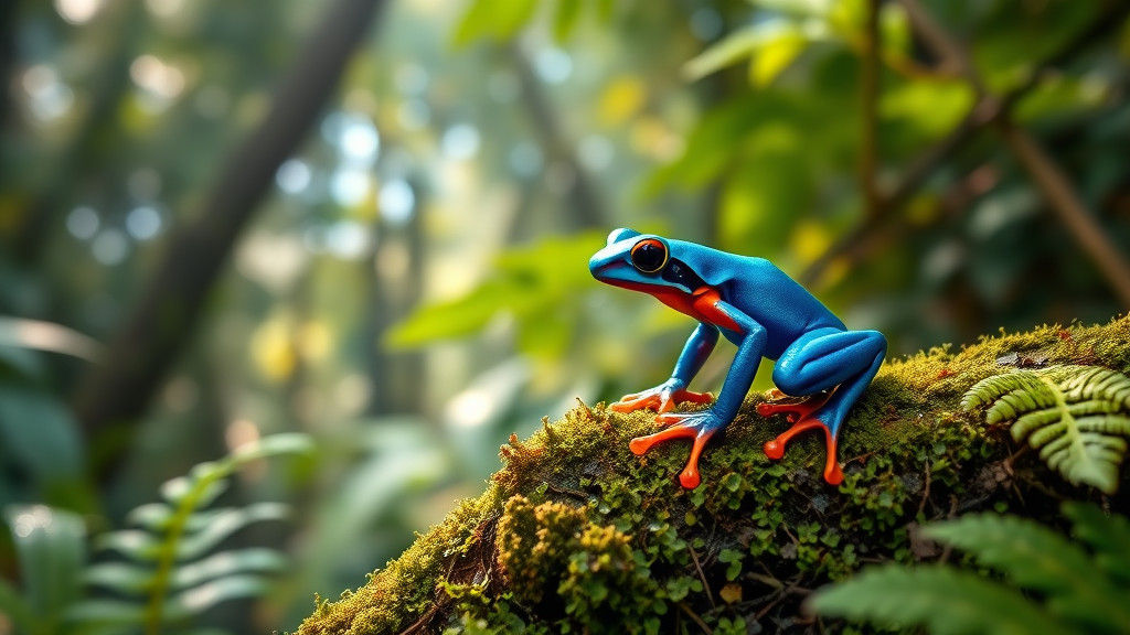 Blue Poison Dart Frog in Subtropical Forest: Macro Photo