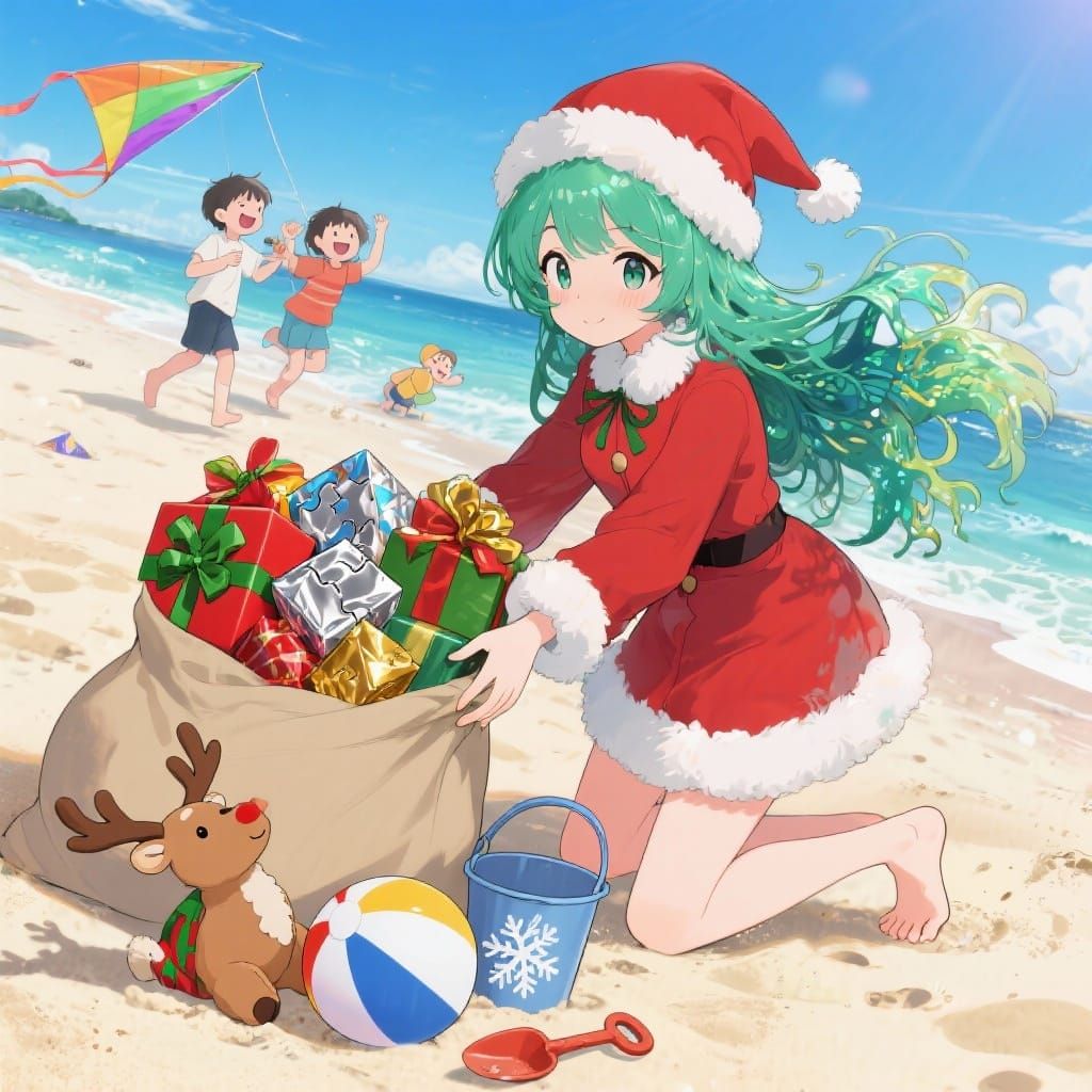 Anime Beach Scene: Green-Haired Woman Gifts on Summer Sands