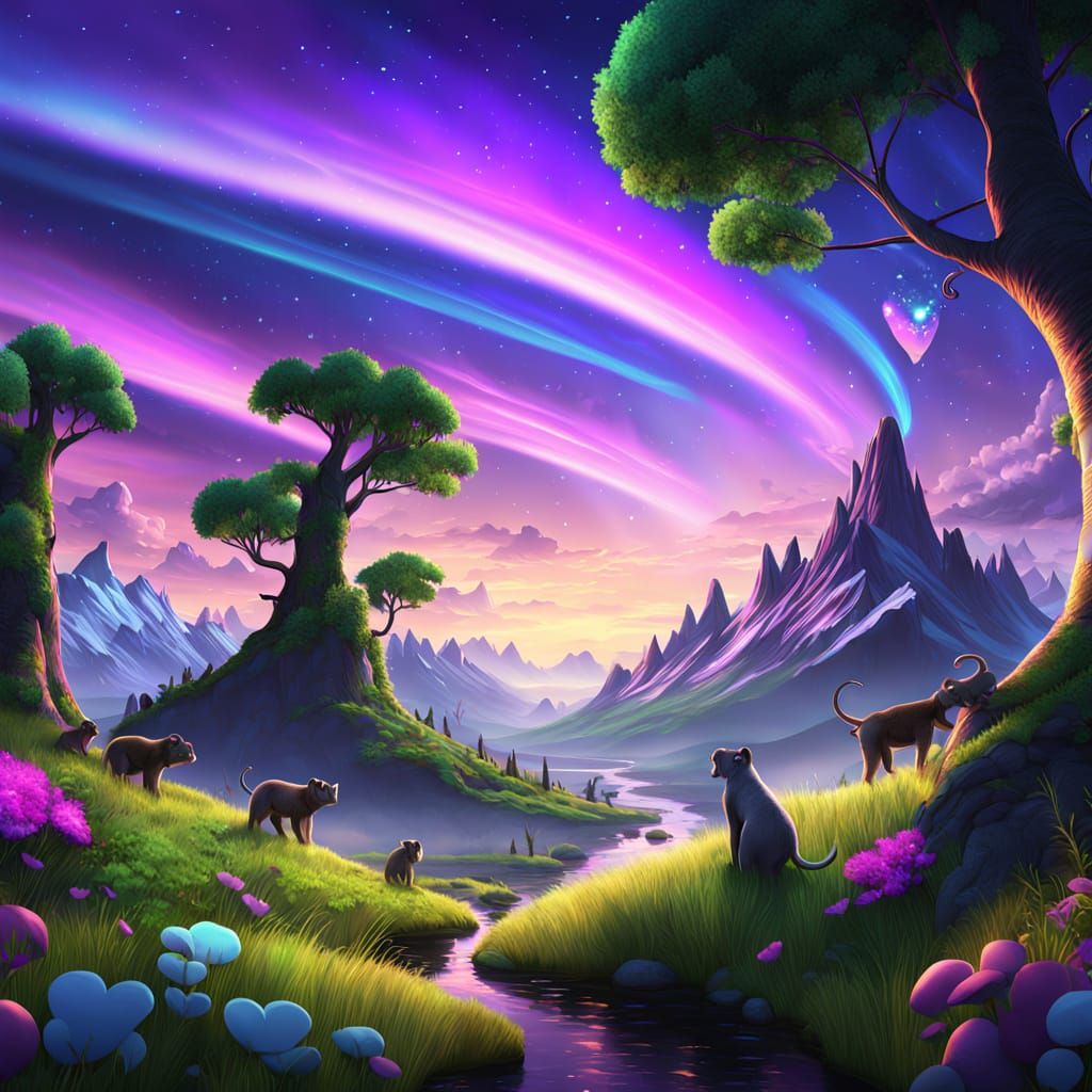 Whimsical Couples in a Dreamy Twilight Landscape