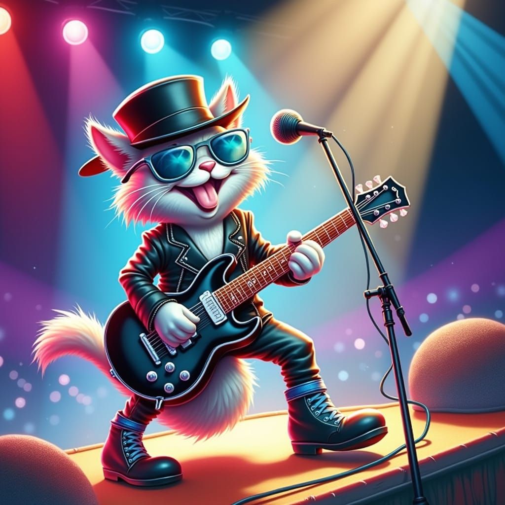 Rock Star Cat Shredding Guitar in Pop Art Style