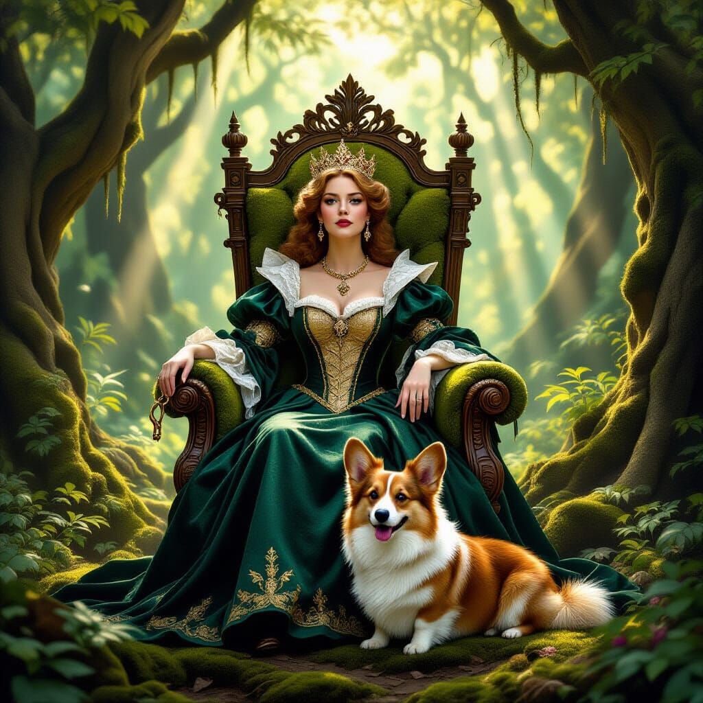 Regal Queen and Corgi in Sunlit Forest Clearing