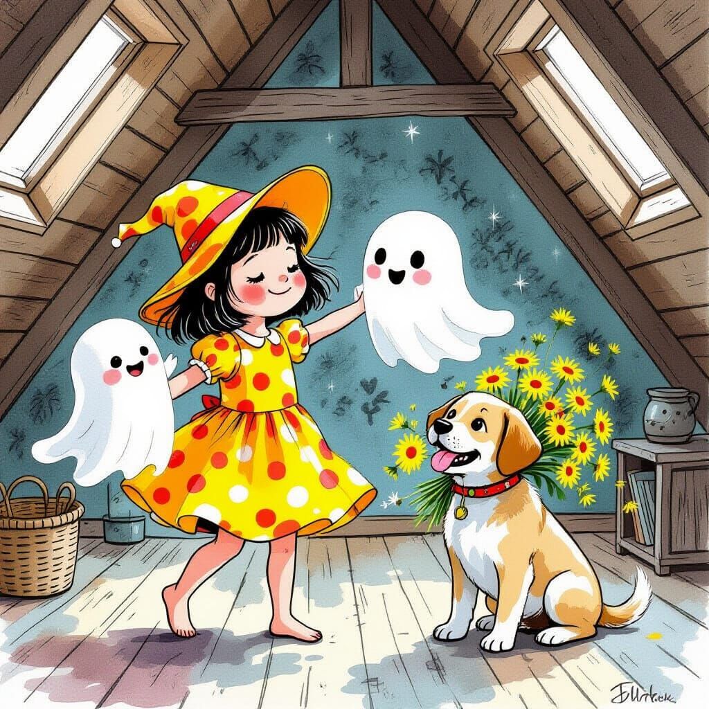 Girl Dances with Ghost and Puppy: Grotesque Sketch Illustrat...