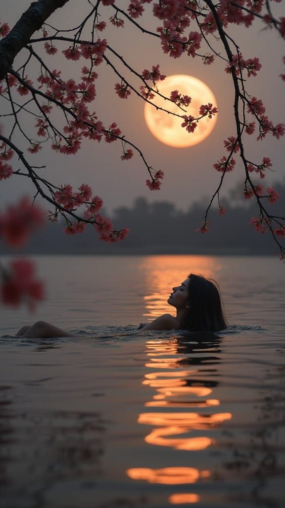 Serene Woman Under Golden Moonlit Water