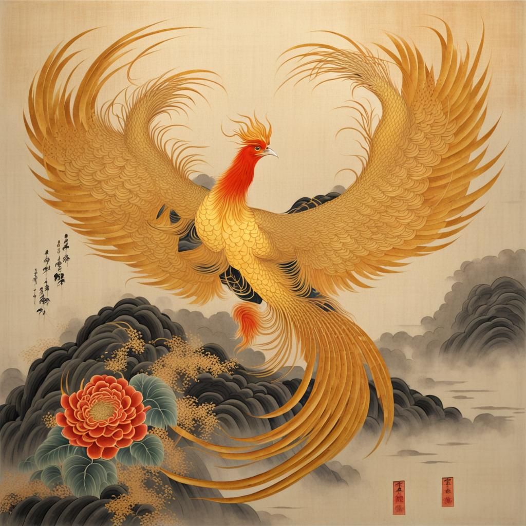 Golden Phoenix in Japanese Painting Style