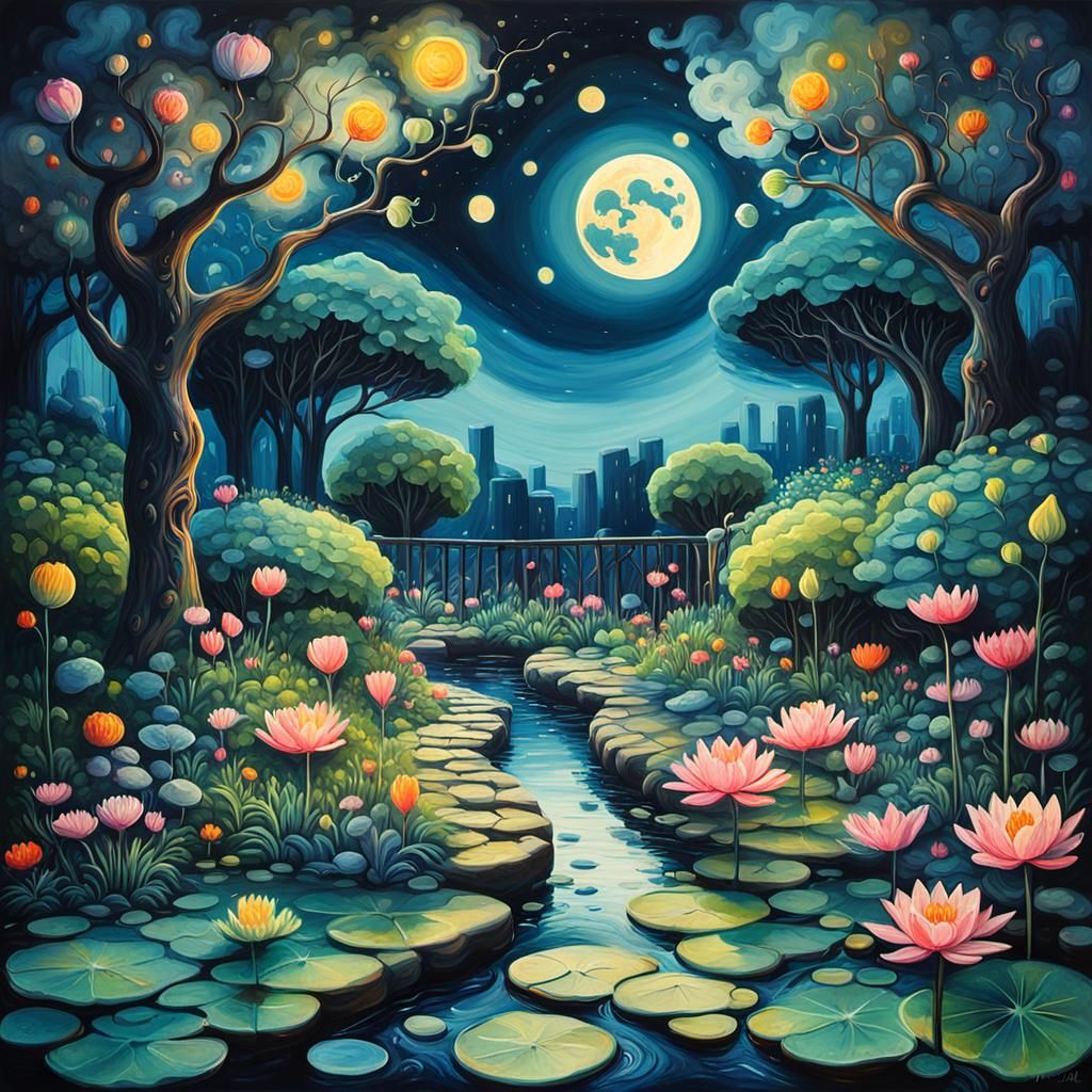 Magical Moonlit Garden in Surreal Splash Art Style