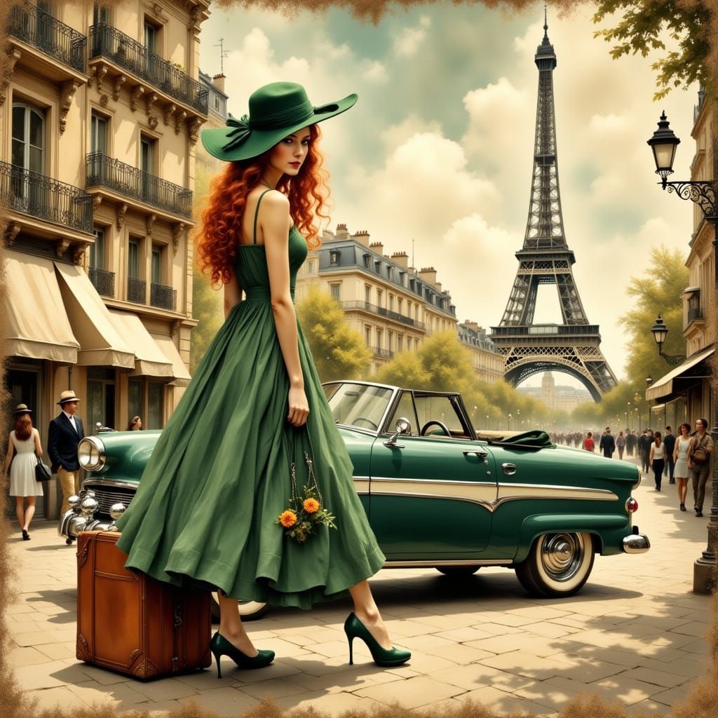 Vintage Parisian Woman in Impressionist Collage Style
