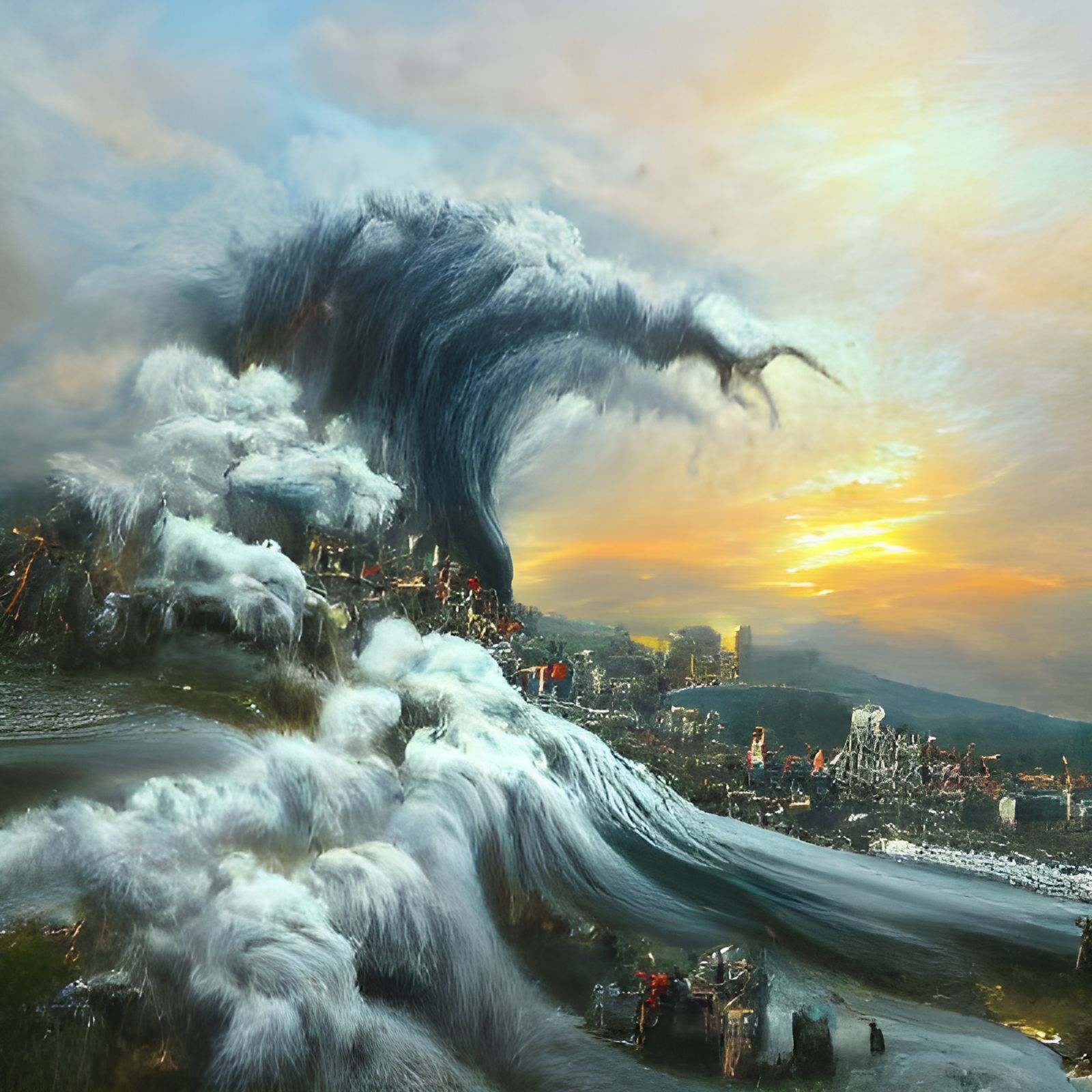 Tsunami Devastates City at Sunset in Hyperrealistic Style