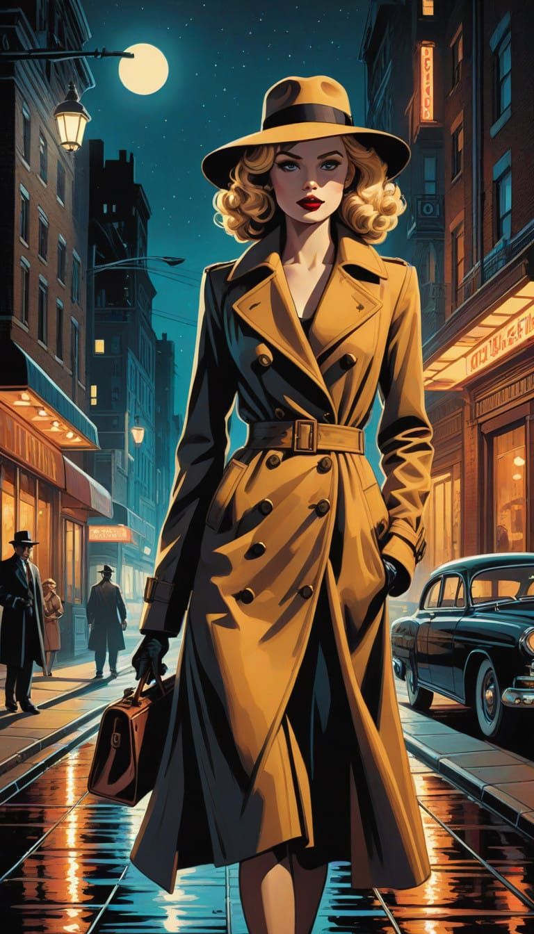 Timeless Film Noir Blonde Struts through 1950s City Streets