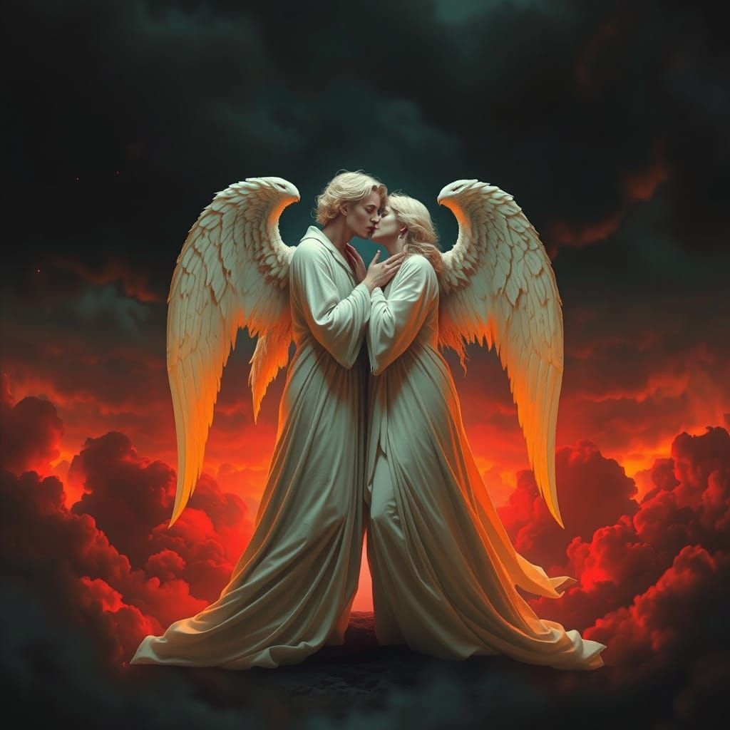 Angels Kissing in Dark Surrealism Style