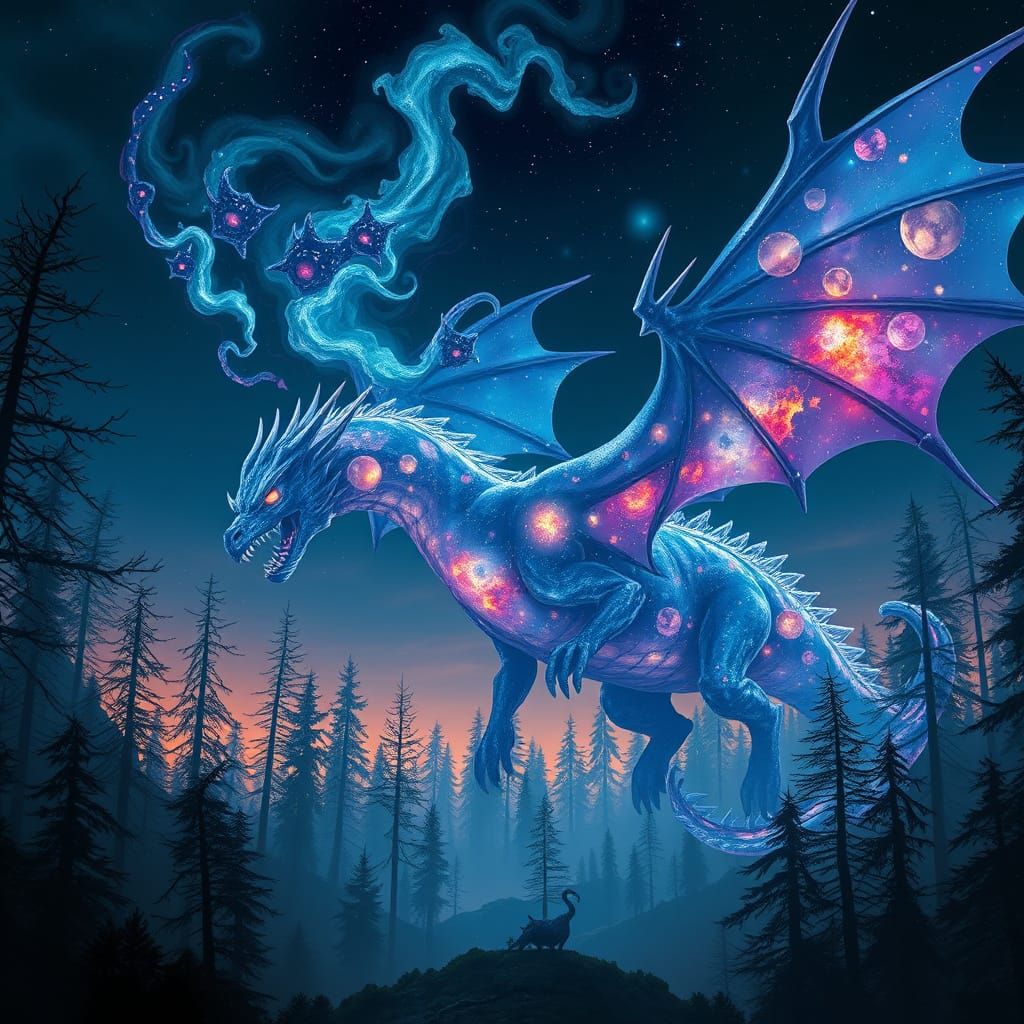 Bioluminescent Nebula Dragon Soaring Through Twilight Forest