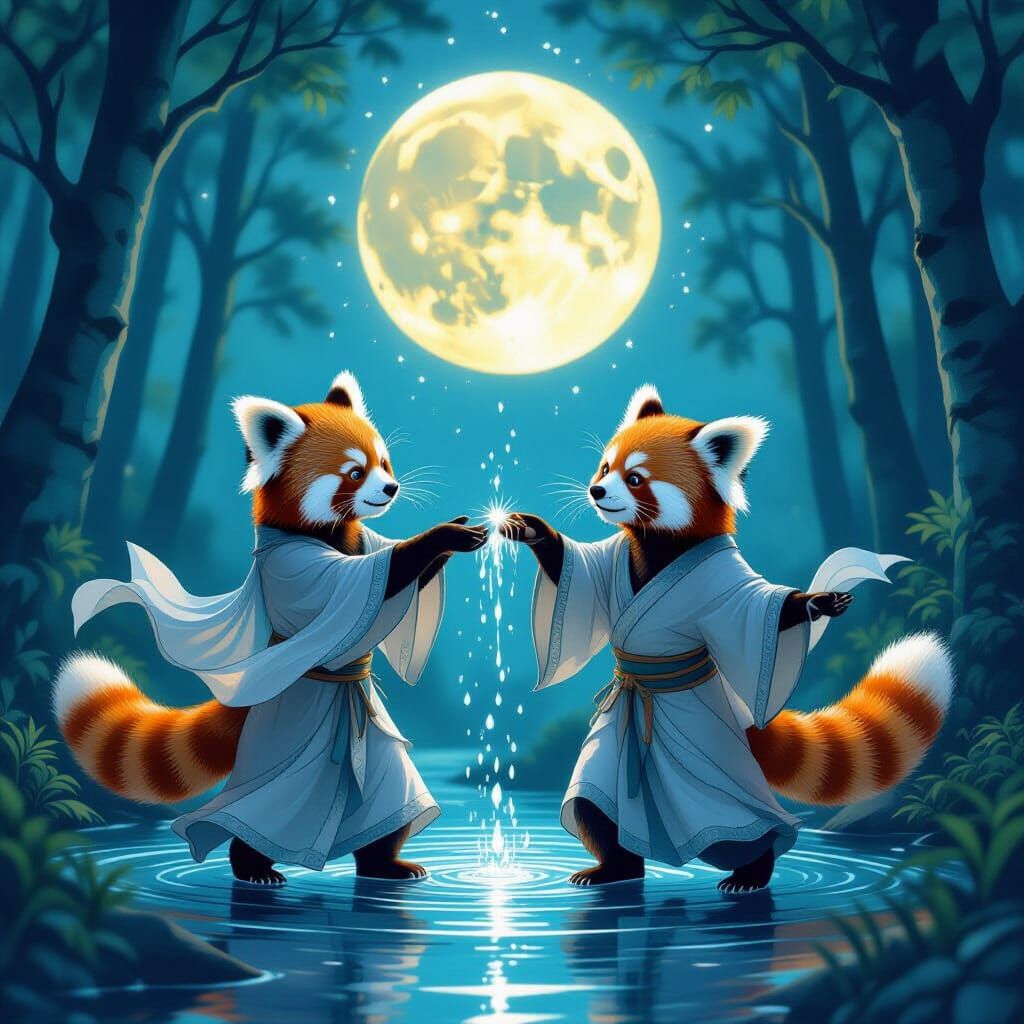 Red Pandas Dance in Enchanted Forest Moon Water Ritual