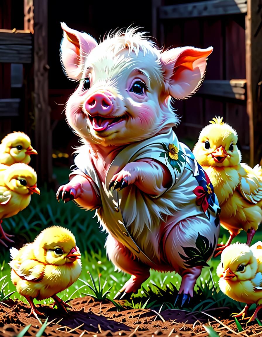 baby pig playing with a baby chick on an farm