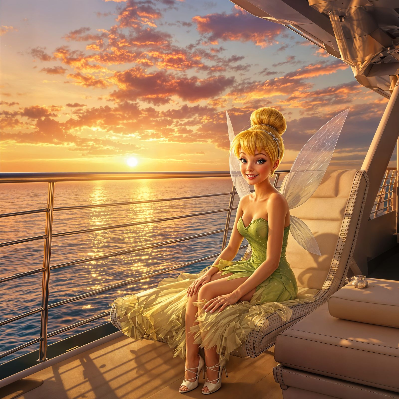 Realistic Tinkerbell Portrait on a Sunset Ferry
