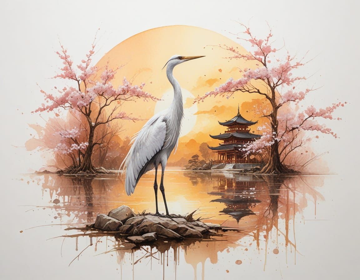 Graceful Crane at Sunset, Japanese Pagoda, Watercolor Blend
