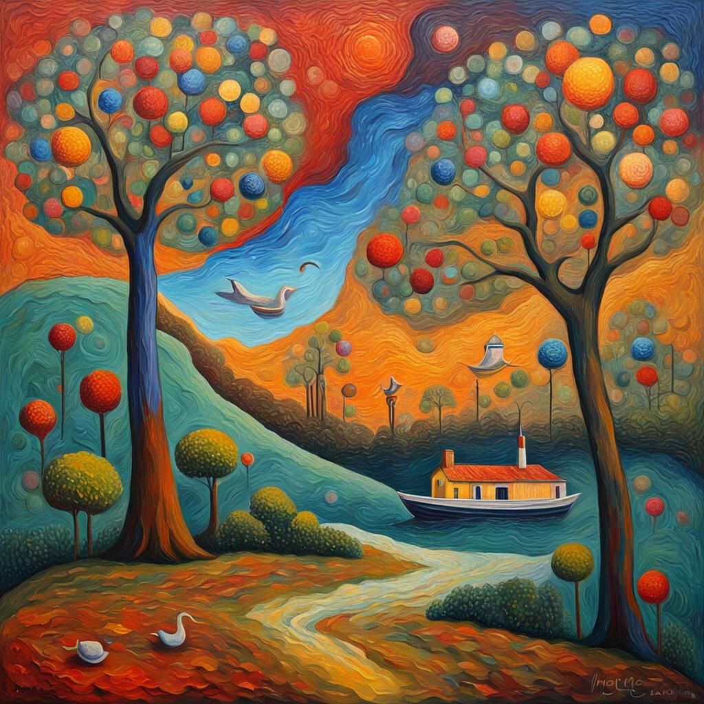 Surrealist Original Sin: Colorful Oil Painting