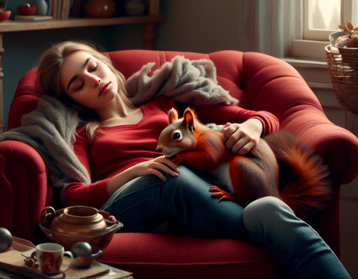 Azeri-Russian Girl Sleeping with Squirrel: Hyperrealism