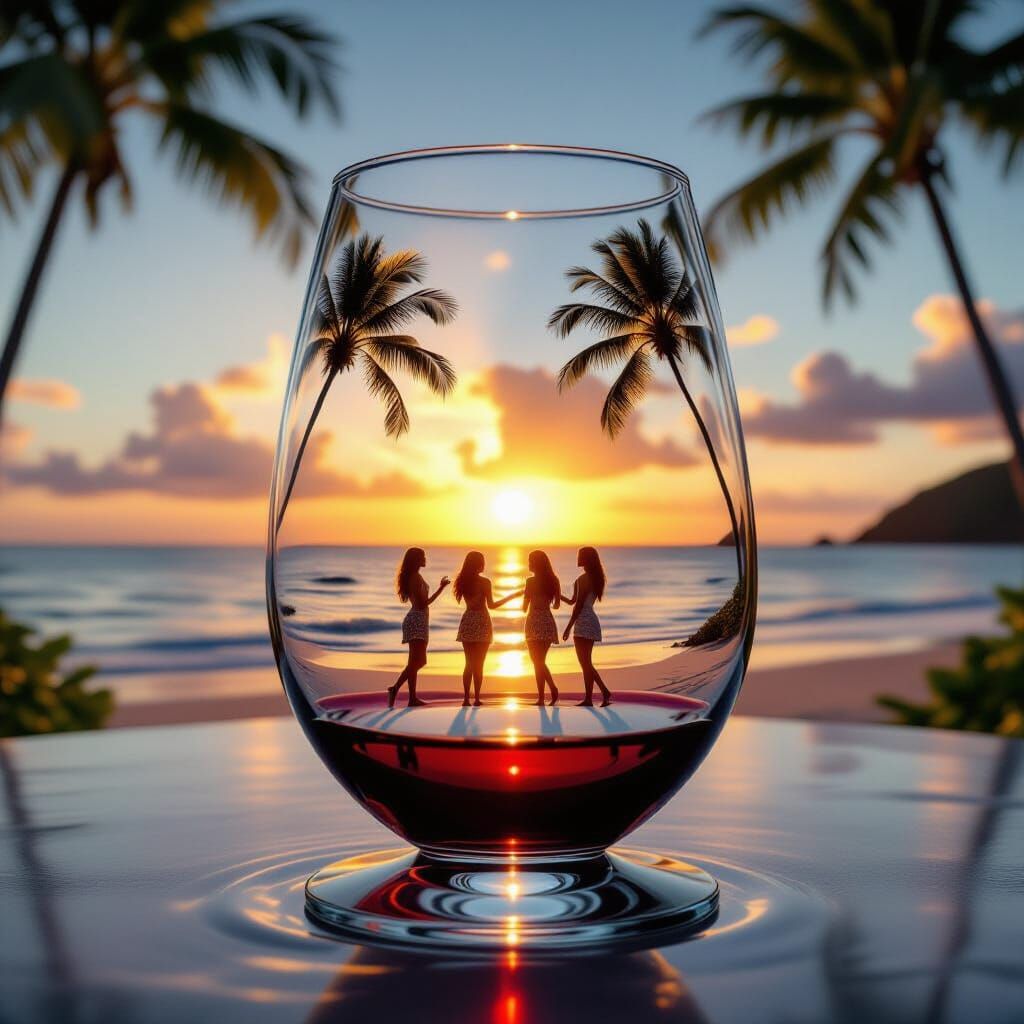 Wine Glass Reveals Beach Scene at Sunset