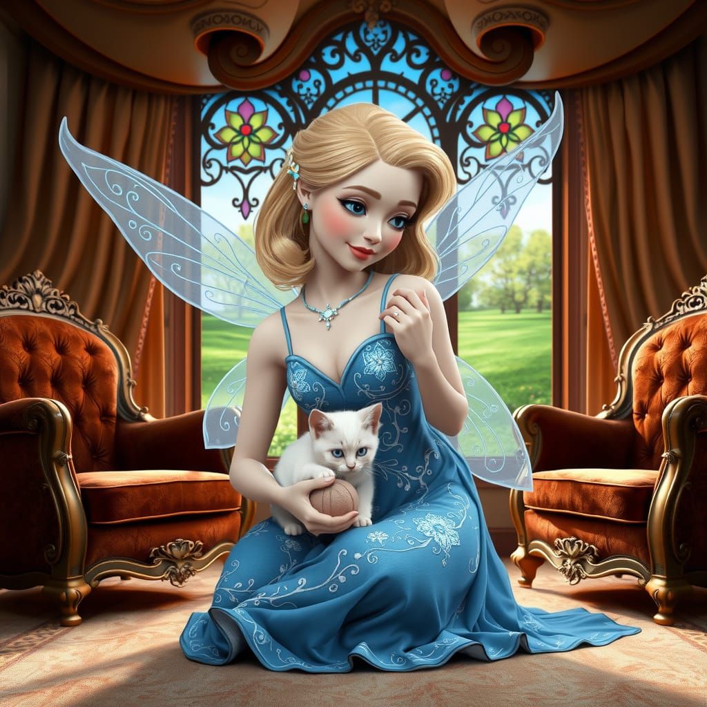 The Blue Fairy with Kitten, Digital Art