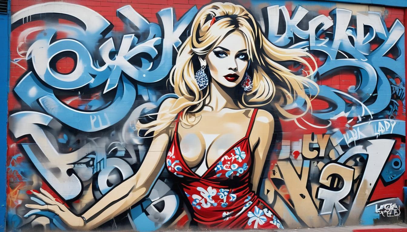 Vibrant Street Art Mural of Woman Beside Graffiti