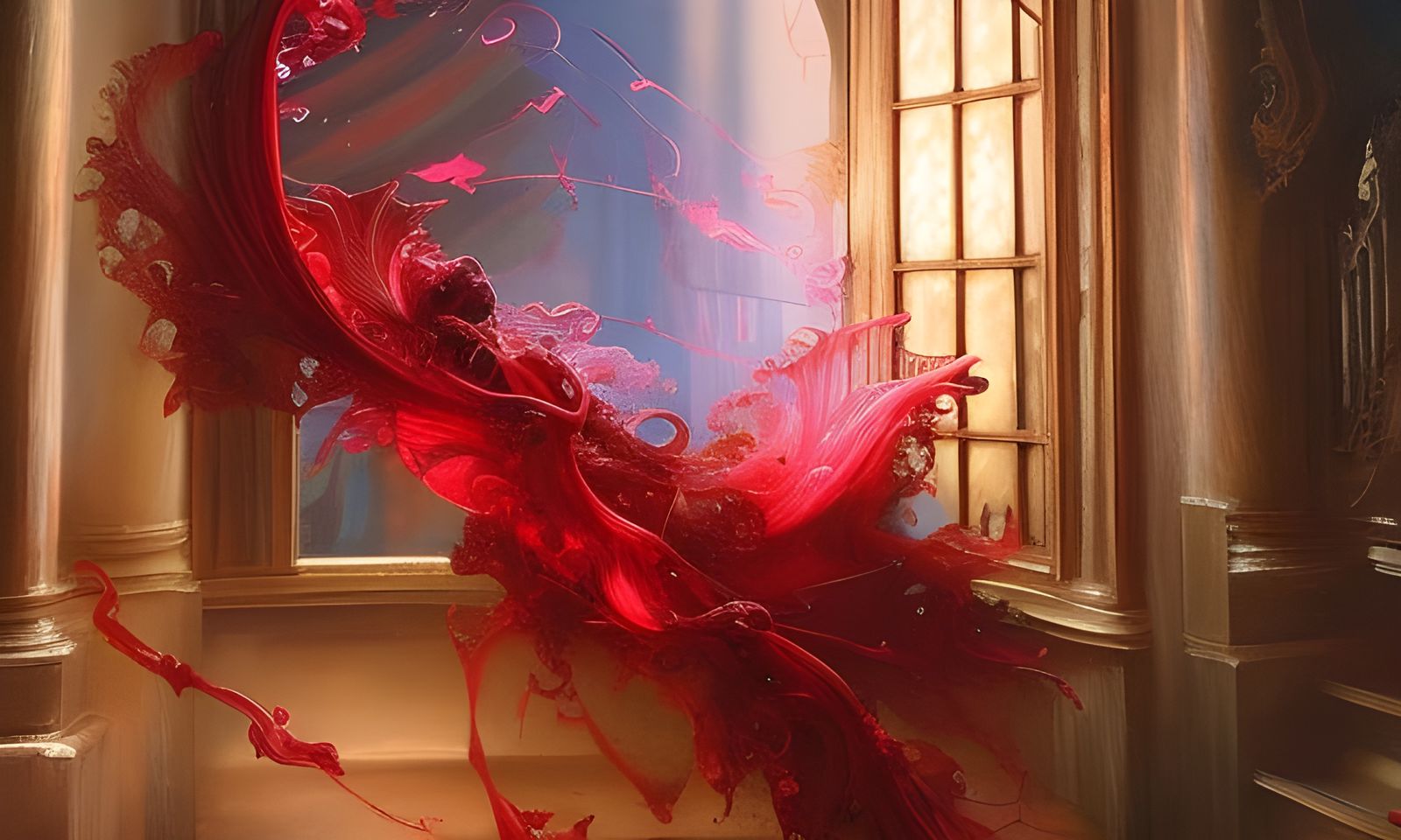 Red Glass Castle: Hyper-Detailed Oil Painting