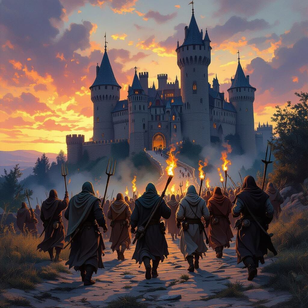 Villagers Marching to Castle at Sunset
