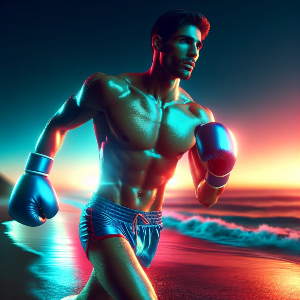 Hispanic Boxer Runs on Beach at Sunset