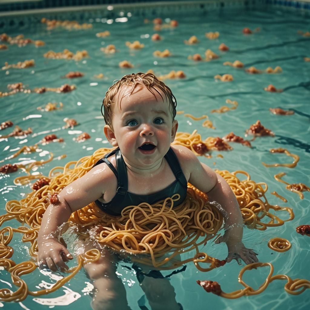Surreal Adult Baby Spaghetti Pool: Cinematic Film Still
