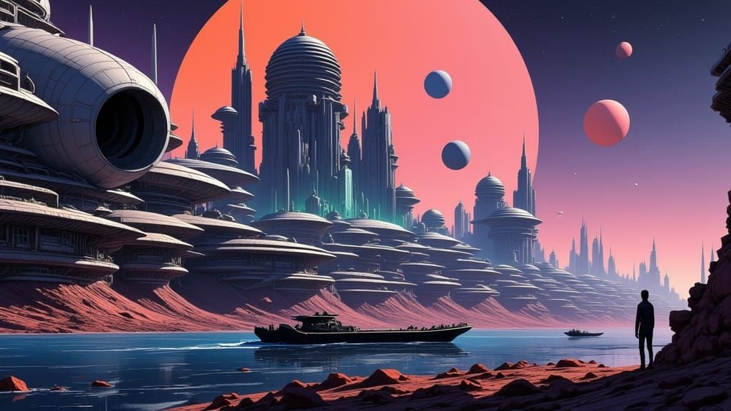 Futuristic Exoplanet Spaceport with Neon Lights