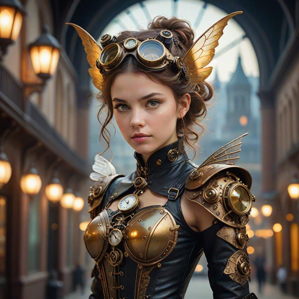 Whimsical Steampunk Fairy on Clock Tower Gears