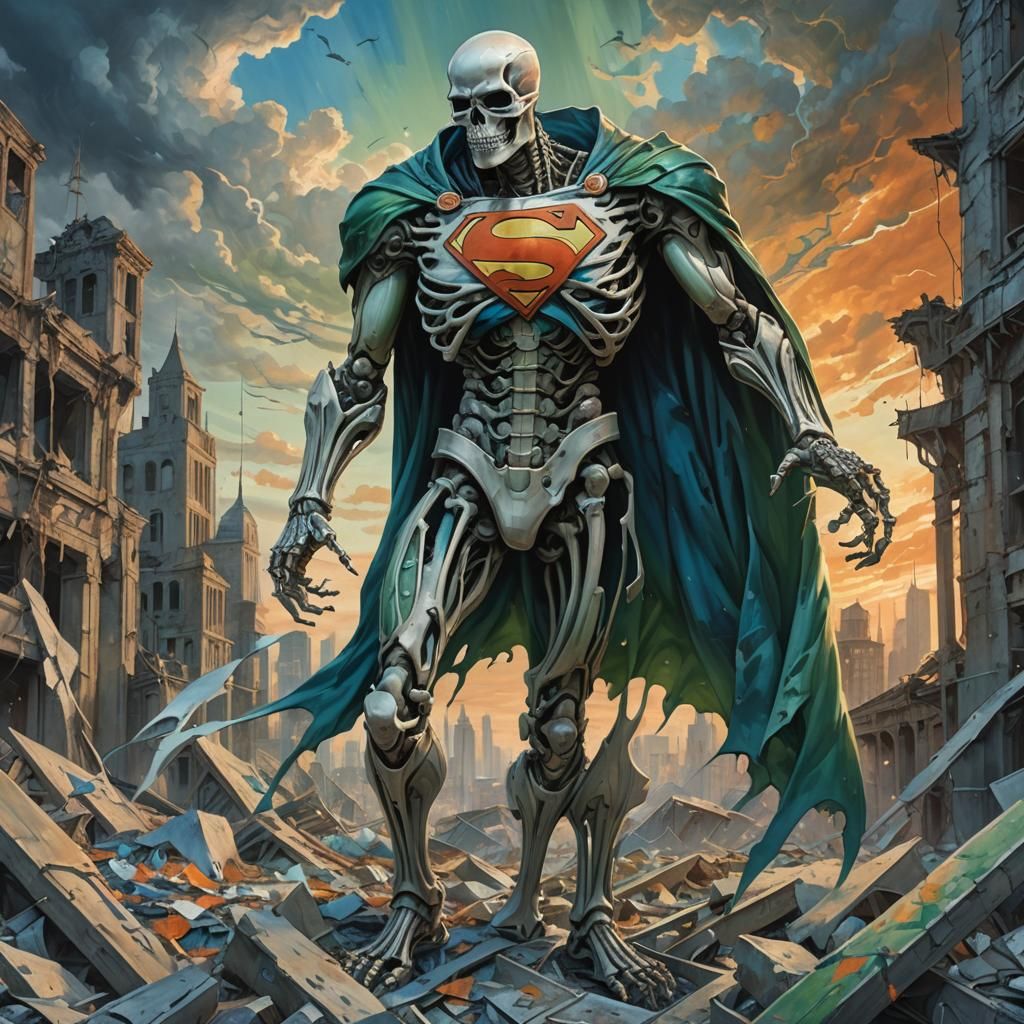 Skeleton Superman in Ruined City, Digital Art