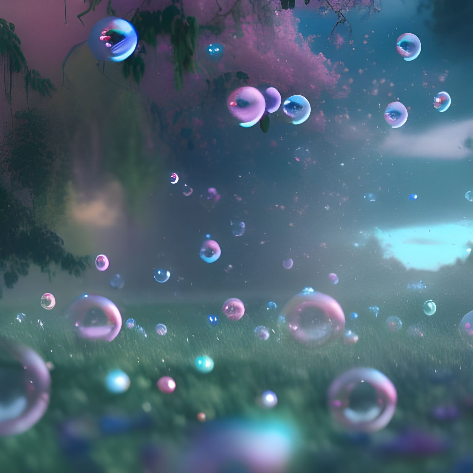 Magical Pastel Landscape with Bubbles and Sparkles