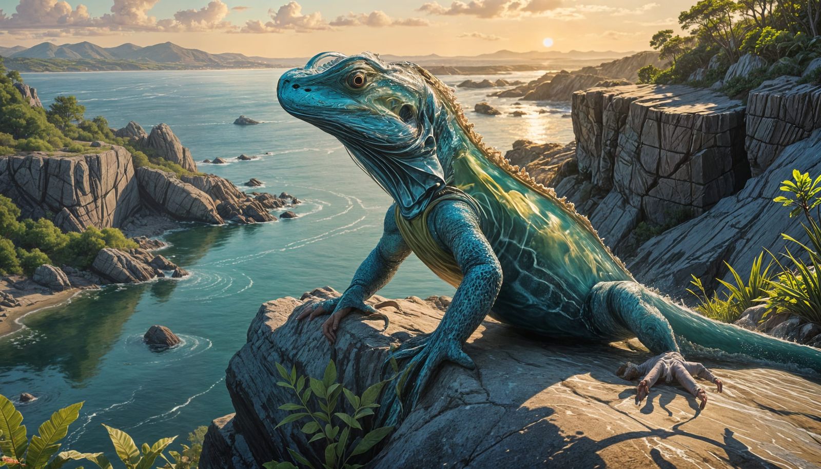 Hyperrealistic Blue Lizard Over French Riviera Bay