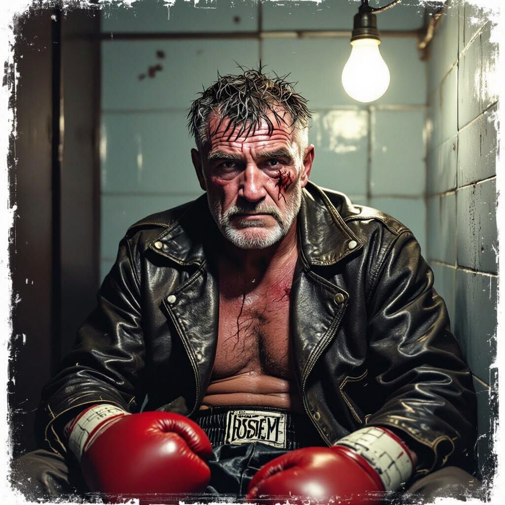 Elderly Boxer in Locker Room: Gritty, High-Contrast Portrait