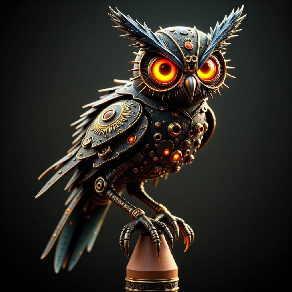 Steampunk Mechanical Owl Crafted from Gears and Pencils