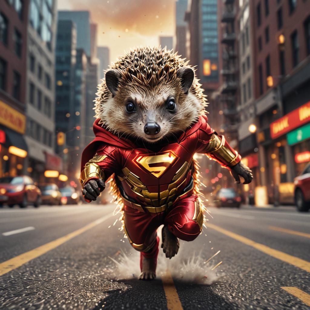 Hedgehog Superhero Runs Through Cityscape