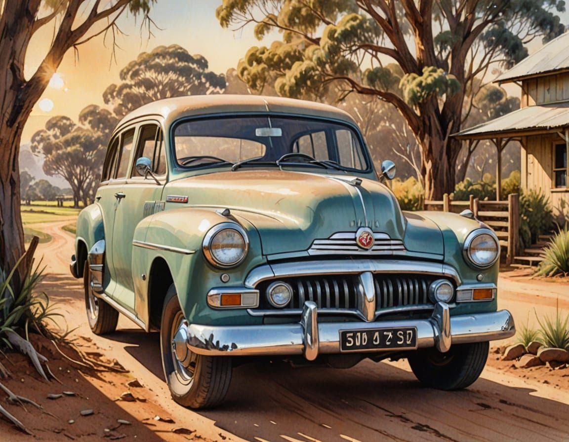 Vintage Australian FJ Holden Watercolor Illustration